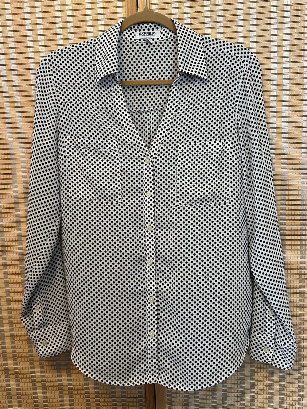 Express The Portofino Shirt Long Sleeve White Black dots Size Medium